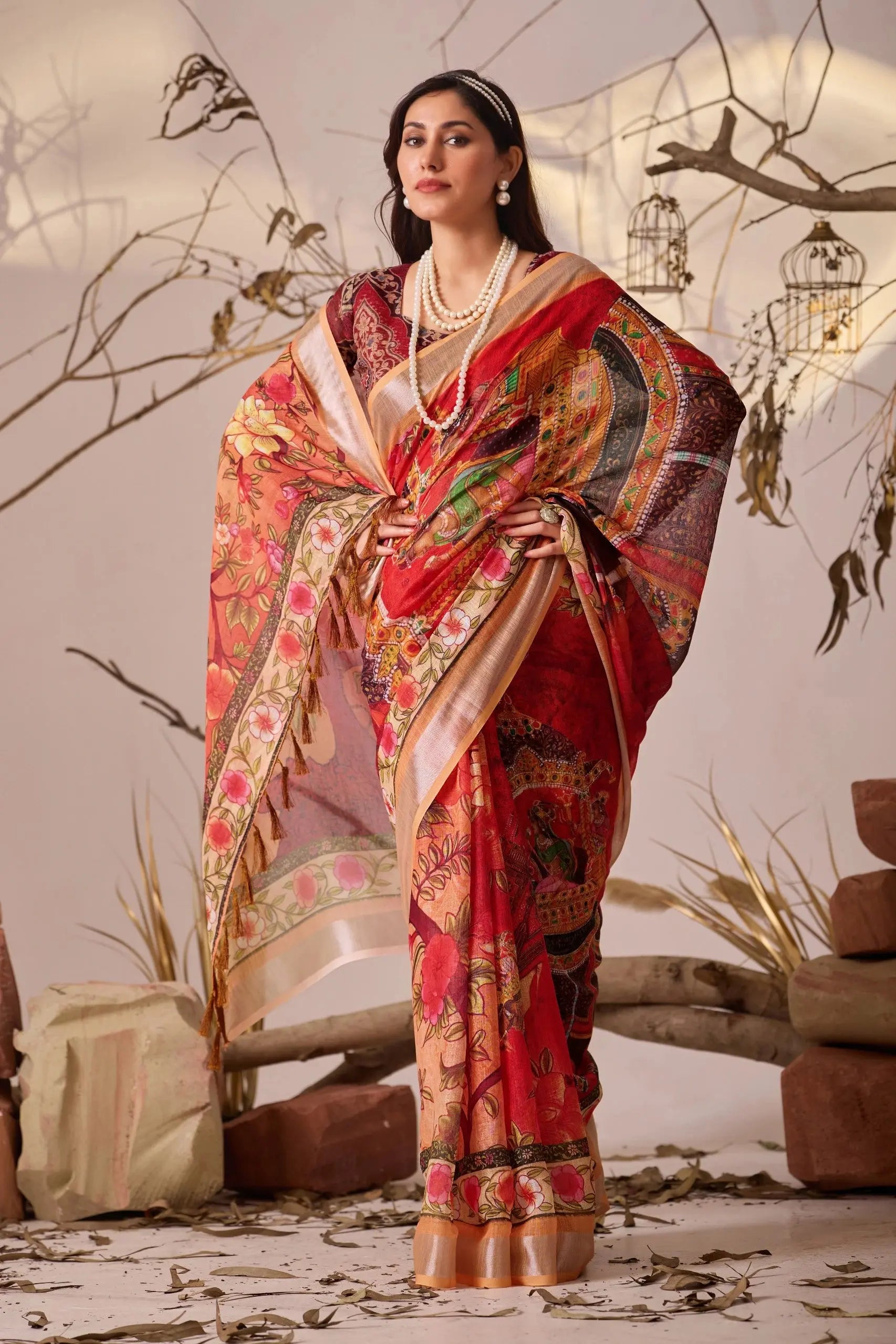 Red Digital Floral Print Linen Cotton Saree – Kalyanja